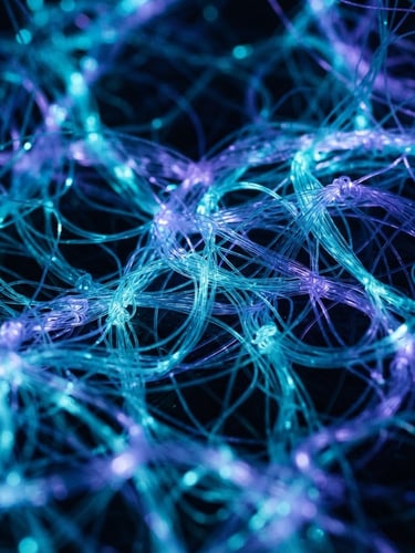 Macro cinematic close-up of bioluminescent fiber optic threads weaving together in deep darkness, glowing cyan and violet light, 35mm lens