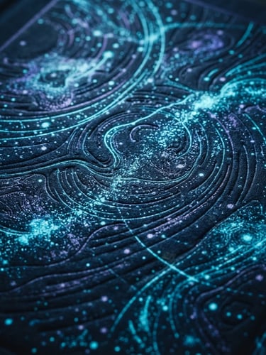 Macro close-up of a premium book cover with glowing cyan debossed particle patterns, dark cinematic lighting, high contrast
