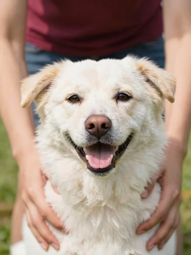 Close-up of gentle hands showing a clean dog smile, bright warm natural daylight, vibrant colorful tones, shallow depth of field