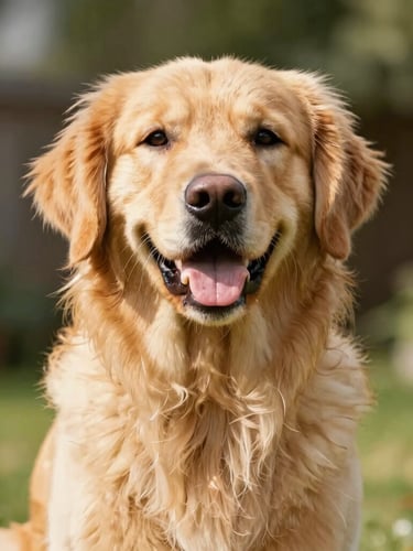 Bright cheerful golden retriever post-grooming, warm natural daylight, vibrant colorful tones, shallow depth of field, 35mm