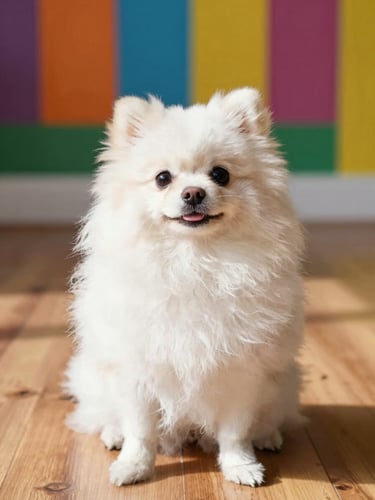 A fluffy white Pomeranian post-grooming, sitting proudly on a warm wooden floor, bright natural daylight, vibrant colorful background, shallow depth of field, 35mm.