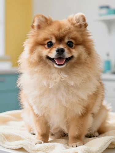 A happy fluffy Pomeranian post-grooming sitting on a soft cream blanket in a bright, modern veterinary clinic, warm daylight, close-up shot