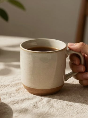 Close-up of a hand holding a warm ceramic mug on a natural linen tablecloth, soft morning shadows cast by indoor plants, warm earthy tones.