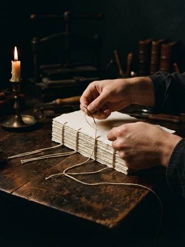 Moody dark academia photography, chiaroscuro candlelight, a close-up of hands sewing book signatures with thick linen thread on a dark wooden table, warm parchment tones, rich textures, 35mm film