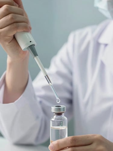 Macro photography of a pharmacist in an immaculate white coat using a high-precision digital pipette to drop liquid into a clean glass vial, bright clinical daylight, soft blue background.