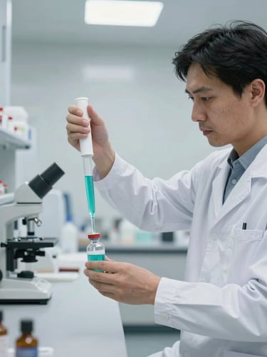 Immaculate modern laboratory environment, a professional pharmacist in a crisp white lab coat precisely pipetting a turquoise liquid into a vial, bright clean clinical lighting, wide landscape crop.