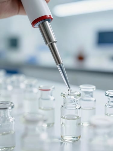 Macro close-up of a clinical pipetting action in a bright, modern laboratory, clean white light reflecting off glass vials.