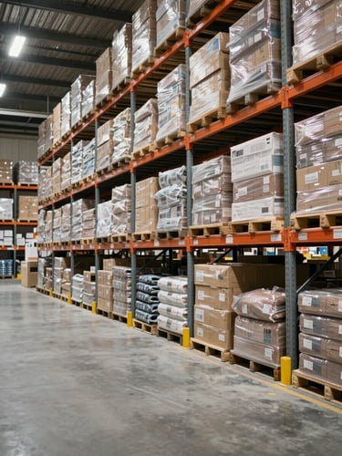 Wide-angle interior of an organized distribution warehouse in Dubai, tall shelving units stocked with neatly arranged packaged goods, clean concrete floor, bright diffused overhead lighting, shot from a low corner angle showing scale and order, no workers, no motion