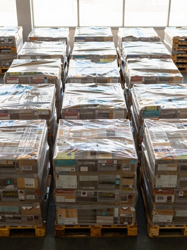 Straight-on wide shot of uniformly stacked pallets loaded with shrink-wrapped goods in a bright Dubai logistics facility, natural daylight from high windows illuminating neat rows, low horizon line showing depth and organized scale, no people, no machinery in motion