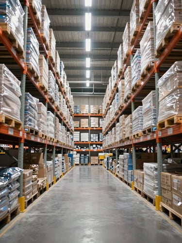Wide-angle interior of a large organized distribution warehouse, straight-on view down a long aisle flanked by floor-to-ceiling shelving units stacked with neatly arranged packaged goods, bright diffused overhead lighting casting clean even illumination, no workers, no shadows, corporate and orderly