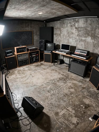 Wide-angle fish-eye shot of a raw concrete music studio with scuffed audio gear, harsh direct flash, high-contrast shadows, industrial street look