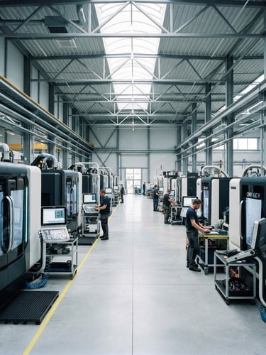 Sharp vertical architectural shot of a modern clean factory floor, precision CNC machinery lined up under cool daylight, high contrast, 35mm
