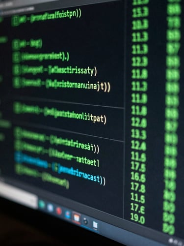Macro photography of a dark computer monitor showing complex algorithmic trading parameters, cool green neon glow, deep shadows, 35mm