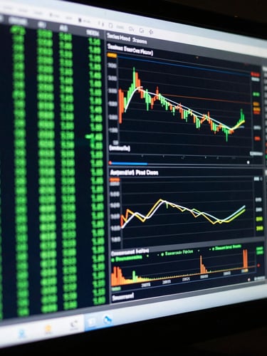 Macro shot of high-resolution trading monitor displaying clean green terminal code and real-time market data charts, low-key ambient room light, cool monitor glow, 35mm