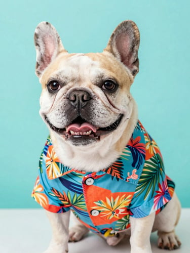 Bright high-key pet photography of a happy French Bulldog wearing a colorful tropical shirt, vibrant color-blocked teal background, soft natural studio light, crisp details, 50mm lens