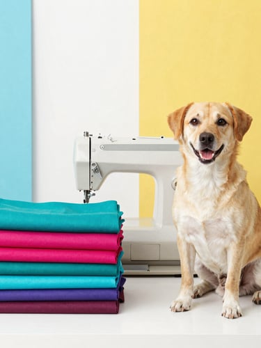Bright high-key photography of a family sewing workshop in Celaya, colorful fabrics in teal and magenta stacked neatly, a vintage sewing machine, a happy dog sitting nearby, soft natural studio light, crisp details.