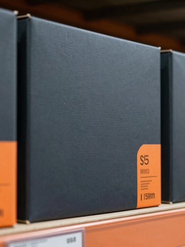 Macro close-up of organized product boxes on industrial shelving, crisp cool-toned warehouse lighting, high-end minimalist composition, 35mm.