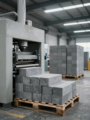 Wide factory floor shot from the left side, concrete block press machinery in full operation, pallets of freshly formed gray blocks in the mid-ground, overcast industrial ceiling light, cool neutral tones, no people