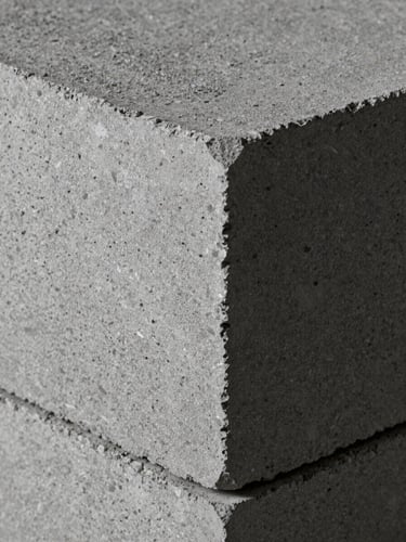 Extreme close-up of concrete block surface texture under cool studio strobe light, sharp angular edges of a standard CMU in the foreground, rough aggregate visible in the face, overhead framing, industrial grey tones