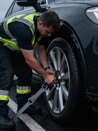 Close-up of a professional uniformed recovery operator in clean high-visibility gear securing heavy-duty wheel straps onto a luxury vehicle, dramatic night-time roadside lighting, sharp focus, 35mm.