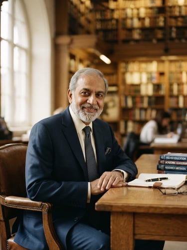 Dignified portrait of veteran academic consultant Athar Moeen Khan in a warm-toned library, soft window light, deep navy suit, scholarly atmosphere