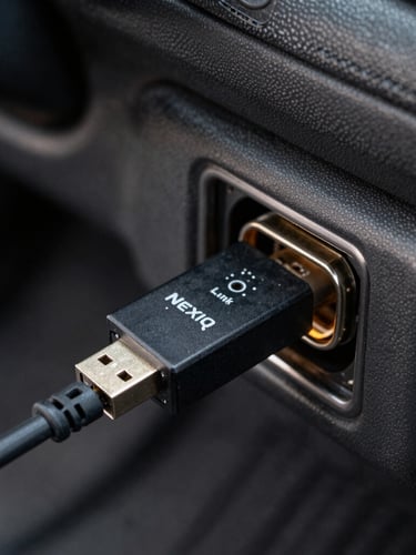 Tight detailed macro shot of a Nexiq USB-Link 2 adapter plugged into a heavy-duty truck OBD port under the dashboard, soft dashboard glow, industrial atmosphere.