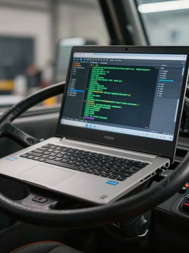 Macro close-up of a rugged diagnostic laptop sitting on a truck steering wheel, screen glowing with green diagnostic code lines, harsh workshop lighting, shallow depth of field.