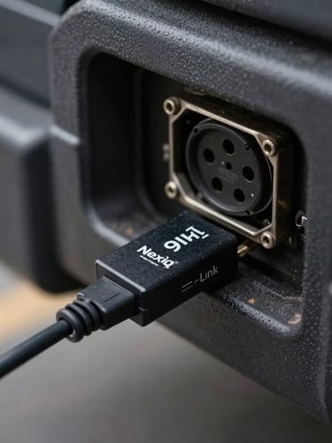 Close-up macro shot of a Nexiq USB-Link 2 adapter plugged into a heavy-duty truck's 9-pin diagnostic port under the dash, workshop lighting.