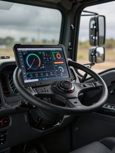 A rugged diagnostic laptop sitting on a heavy-duty truck steering wheel, showing active engine parameter modifications in a dark cabin.