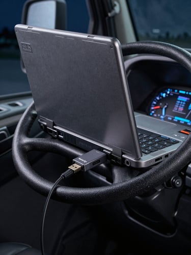 Tight macro shot of a rugged diagnostic laptop sitting on a heavy-duty truck steering wheel, Nexiq USB-Link adapter plugged in, glowing dashboard lights in a dark truck cab at night.