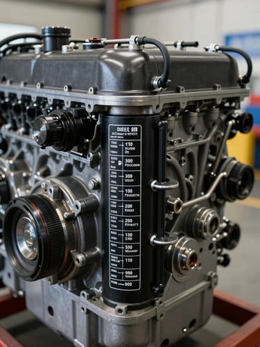Close-up macro shot of a heavy-duty diesel engine plate showing model specifications under harsh service bay lighting