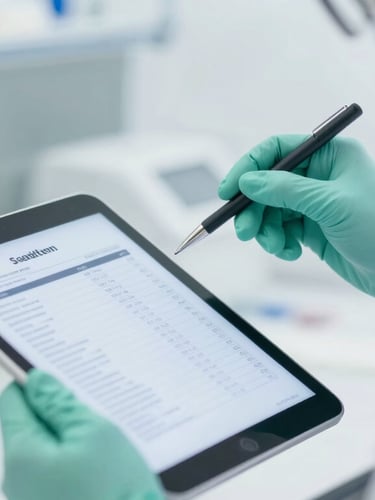 Close-up of a professional food scientist in a clean laboratory environment analyzing a product label on a tablet, bright clinical white light, sharp focus, 50mm lens.