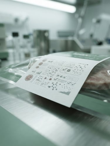 A close-up of a food packaging label being analyzed in a clean laboratory environment under bright white clinical lighting, desaturated green and steel tones, sharp focus, 50mm lens