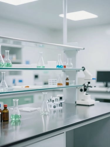 A modern, bright food science laboratory with stainless steel counters and structured glassware, clinical white lighting, desaturated green accents, sharp focus.