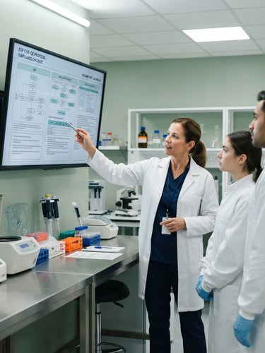 Clinical laboratory setting, a professional instructor pointing to a structured technical compliance document on a screen, bright white lighting, desaturated green and steel tones, sharp focus, 50mm lens.
