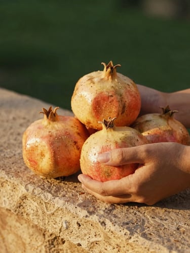 Close-up of hands holding freshly harvested organic pomegranates on a sandstone ledge, warm golden-hour sunlight, shallow depth of field.