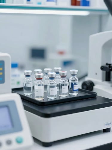 clinical pharmaceutical laboratory testing, bright white lighting, sharp focus on glass vials and testing equipment with digital readouts, 50mm