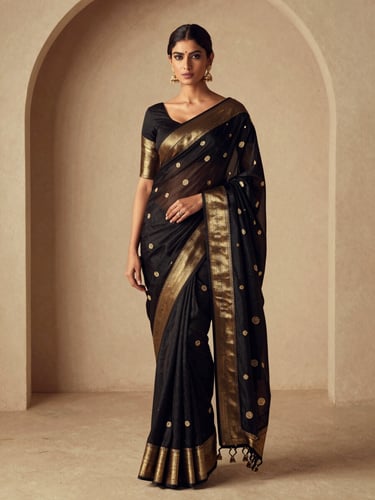 Editorial full-body portrait of a model in a rich royal saree, high-contrast studio lighting with soft gold undertones, architectural minimalist background