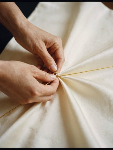 Close-up premium editorial photography of hands weaving gold thread into rich ivory silk fabric, soft dramatic lighting, warm gold undertones, medium format film.