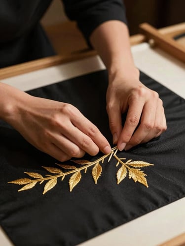 A close-up of hands working on golden embroidery on a rich black fabric, warm studio lighting, dramatic shadows, premium editorial fashion photography