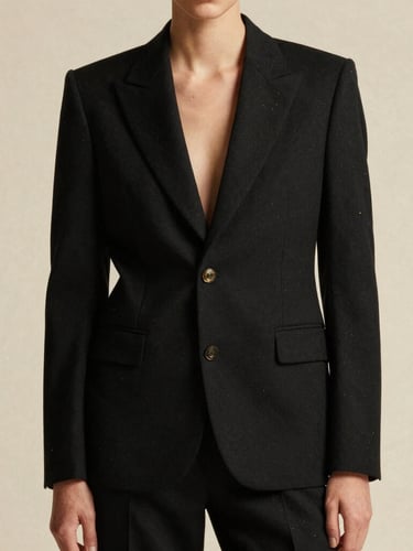 Premium editorial fashion photography of a model in a structured black tailored suit with subtle gold accents, high-contrast studio lighting, warm gold undertones, rich black and ivory tones, medium format film.