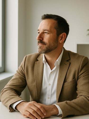 A relaxed business owner looking out a bright window in a clean modern office, natural daylight, 35mm photography