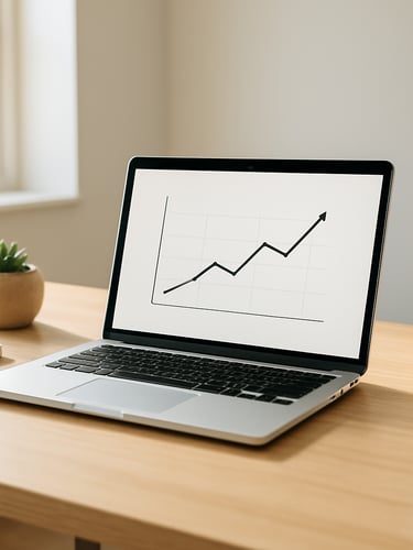 A clean, modern workspace with a laptop showing a simple graph, bright natural daylight, soft shadows, 35mm