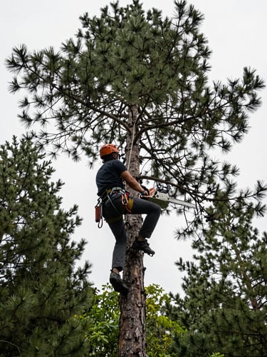 Dynamic low-angle shot of a professional tree climber wearing a safety harness high up in a mature pine tree, chainsaw in hand, natural overcast daylight.