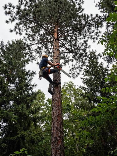 Dynamic low-angle shot of Jeremie Azais, an experienced climber wearing professional safety harnesses high in a mature pine tree, natural overcast daylight, chainsaw in hand, deep forest green forest background, 35mm