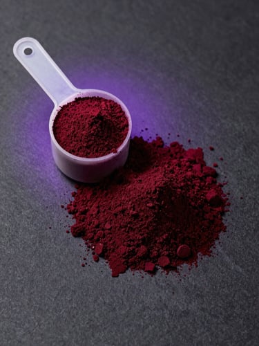 Overhead flat-lay of deep-red active beetroot powder next to a clean supplement scoop, dramatic studio lighting, dark graphite background
