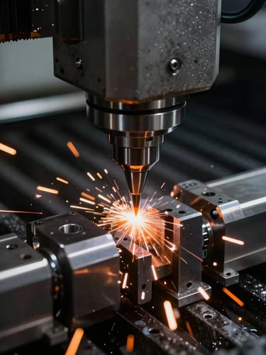 A close-up of a high-precision metal component being cut by a 5-axis CNC machine with cooling liquid spraying on the contact point, sharp focus, industrial premium look