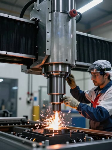 A professional technician wearing safety gear calibrating a massive CNC router spindle inside a modern Saudi manufacturing plant, high contrast lighting