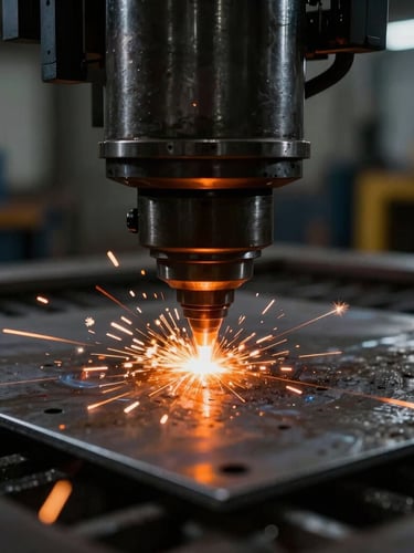 Macro close-up of a high-power fiber laser cutting head emitting intense orange sparks on a steel plate, dark industrial workshop background, dramatic high-contrast lighting, 35mm