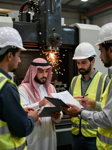 A team of professional Saudi engineers in hardhats and safety vests discussing technical schematics on a tablet in front of a heavy CNC machine, industrial setting